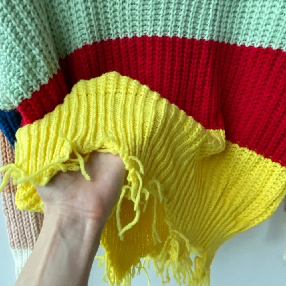 Main Strip : Rainbow Knit Fun Boho Frayed Hem Knit Sweater : Small - Picture 3 of 6